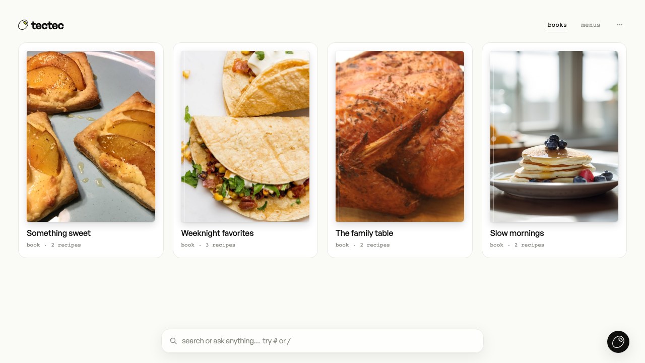 The books screen with Something sweet, Weeknight favorites, The family table and Slow mornings
